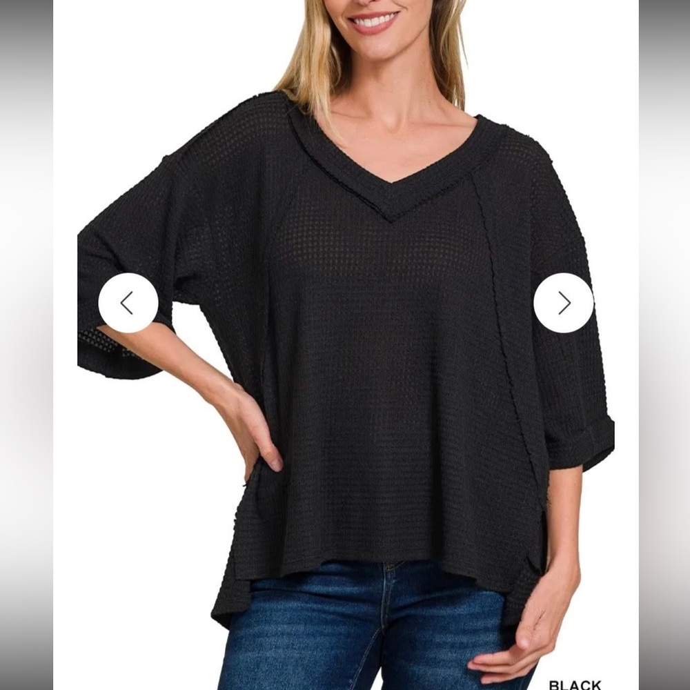 NWOT Zenana Waffle Exposed Seam 3/4 Sleeve Top
